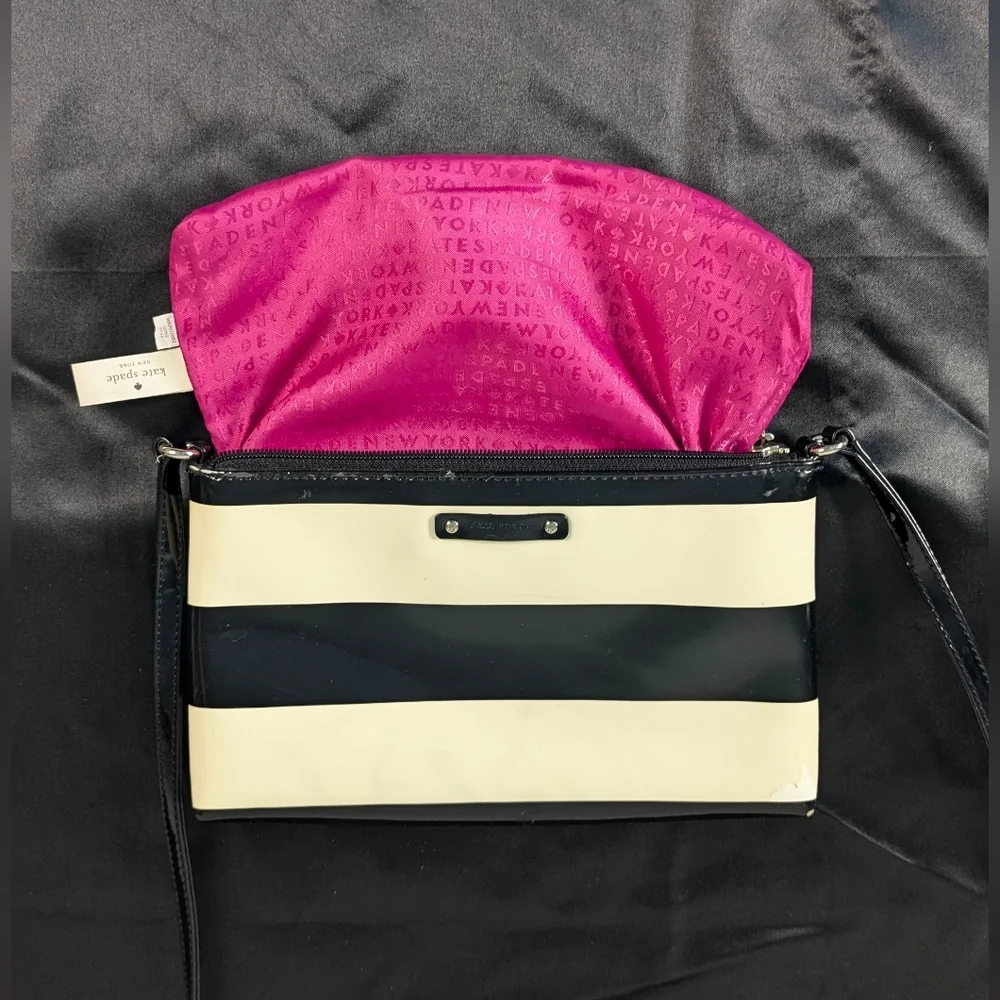 Kate Spade Crossbody PROJECT BAG Small Black Cream Striped PVC Magenta Hot Pink - Picture 11 of 12
